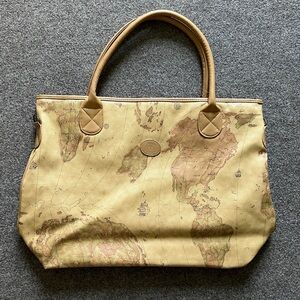 Allan Edward World Map Large Leather Tote Shoulder Weekend Travel Bag Zip Close